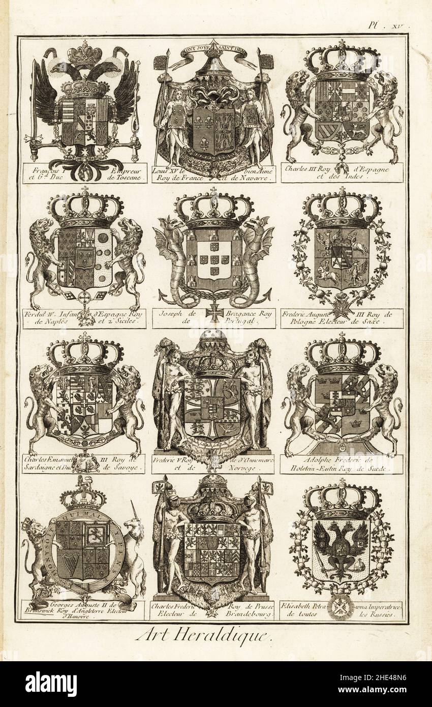 Coats of arms with crests and supporters of kings, queens and emperors. Arms of Holy Roman Emperor Francis I, King Louis XV of France, Charles III of Spain, Joseph of Portugal, Charles Emanuel III of Sardinia, Elisabeth Petrovna of Russia, George II of England, Charles Frederic of Prussia. Copperplate engraving by Robert Benard from Blason ou Art Heraldique, the heraldry section from Denis Diderot and Jean-Baptiste le Rond d’Alembert’s Encyclopedie, published by Brisson, David, Le Breton and Durand, Paris, 1763. Stock Photo