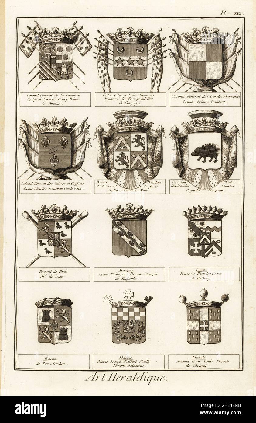 Coats of arms of French dignitaries, 18th century. Colonel General de la Cavalerie, Dragons, Gardes Francoises, Suisses et Griffons, President a Mortier, Prevost de Paris, Marquis, Comte, Baron, Vidame, Vicomte, etc. Copperplate engraving by Robert Benard from Blason ou Art Heraldique, the heraldry section from Denis Diderot and Jean-Baptiste le Rond d’Alembert’s Encyclopedie, published by Brisson, David, Le Breton and Durand, Paris, 1763. Stock Photo