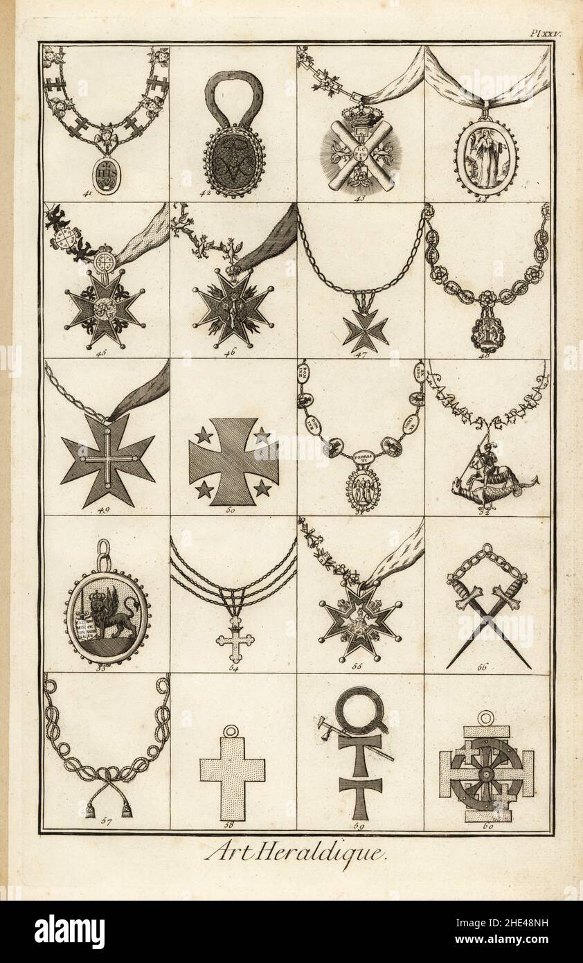 Sash badges of orders of chivalry. Cherubims et Seraphims 41, Amaranthe 42, St Andre 43, St Catherine 44, Aigle Noir 45, Aigle Blanc 46, St Etienne 47, Annonciade 48, St Maurice et St Lazare 49, Notre Dame de Gloire 50, Precieux Sang 51, St Georges 52, St Marie 53, St Georges a Genes 54, St Janvier 55, Livonie 56, Condeliene 57, St Blaise 58, St Antoine 59, St Catherine 60. Copperplate engraving by Robert Benard from Blason ou Art Heraldique, the heraldry section from Denis Diderot and Jean-Baptiste le Rond d’Alembert’s Encyclopedie, published by Brisson, David, Le Breton and Durand, Paris, 17 Stock Photo