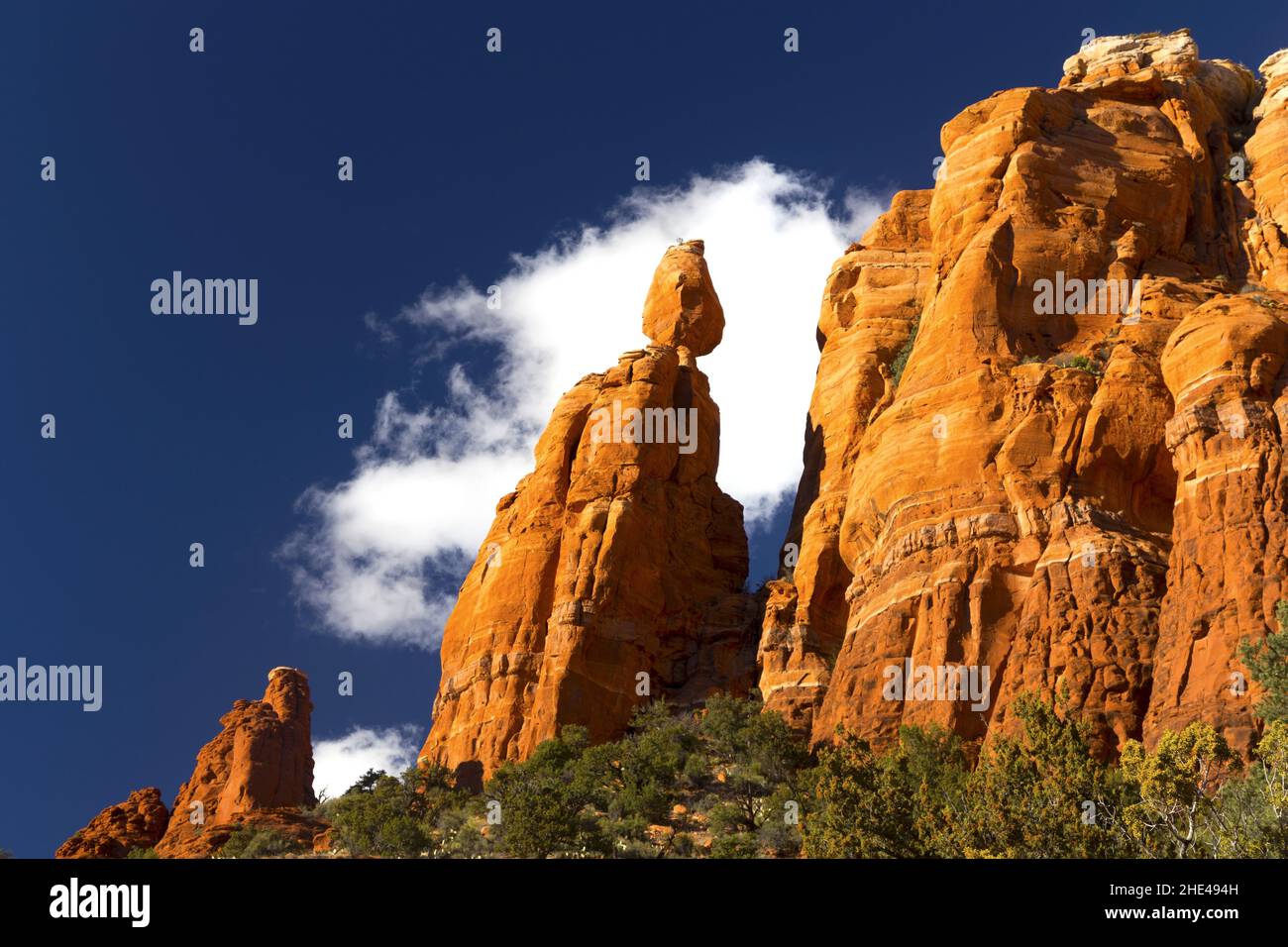 Scenic Red Rock Formations Desert Landscape View. Blue Sky and White Clouds above Mountain Top. Beautiful Autumn Day Hiking Sedona, Arizona USA Stock Photo