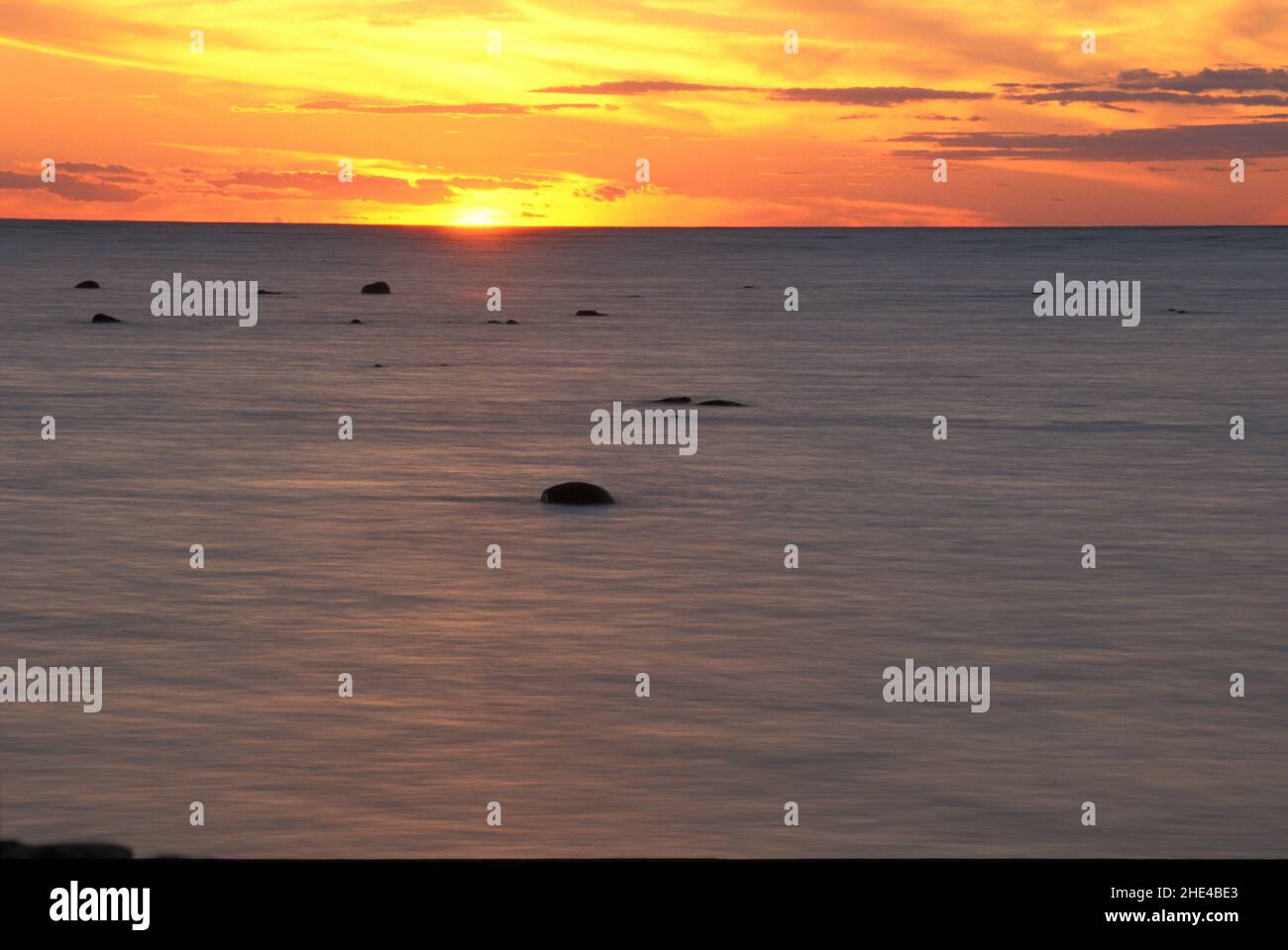 The sun sets on Lake Huron from Kettle Point, Ontario, Canada in Mid