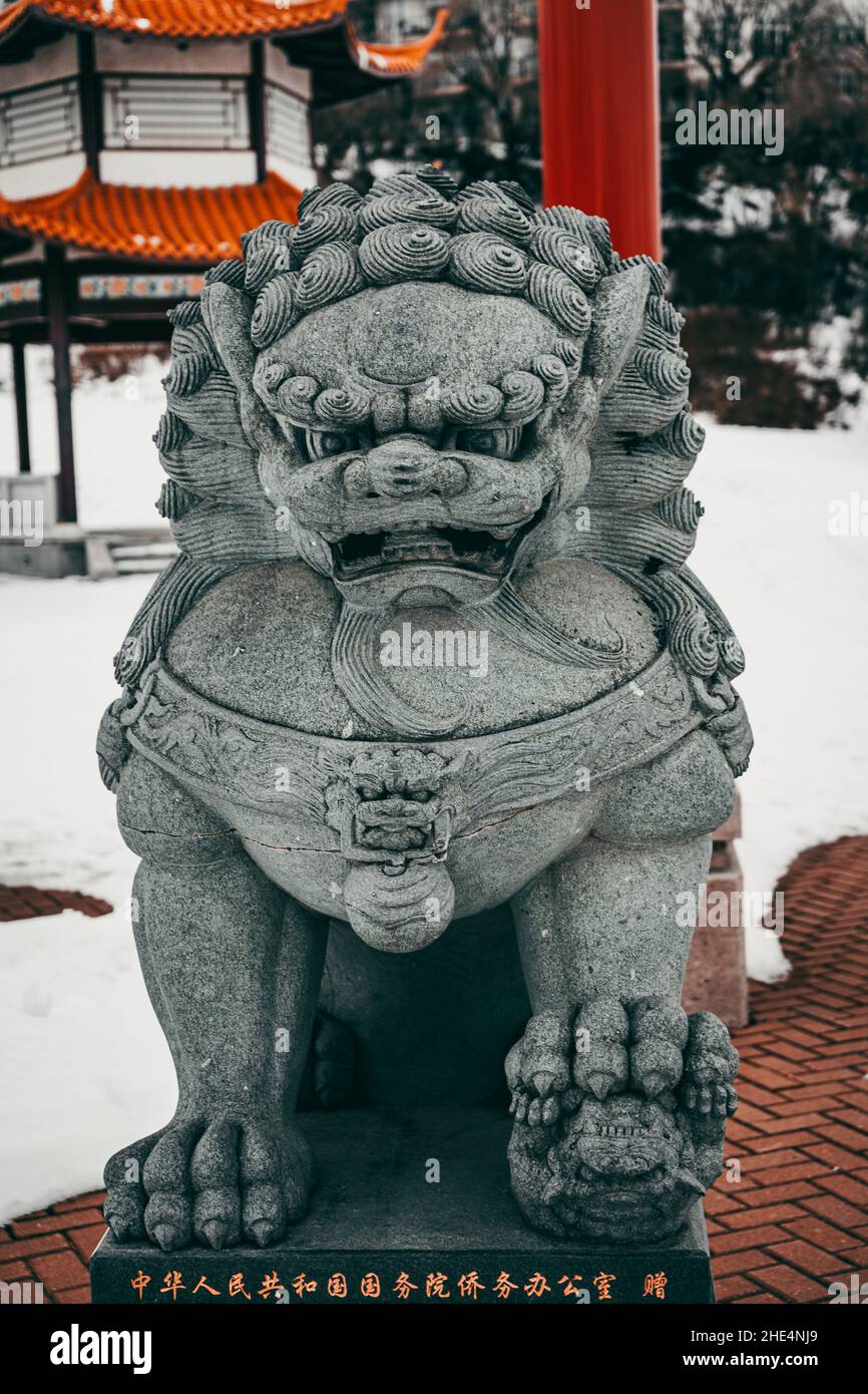 Closeup shot of a Chinese guardian lion statue in the park Stock Photo
