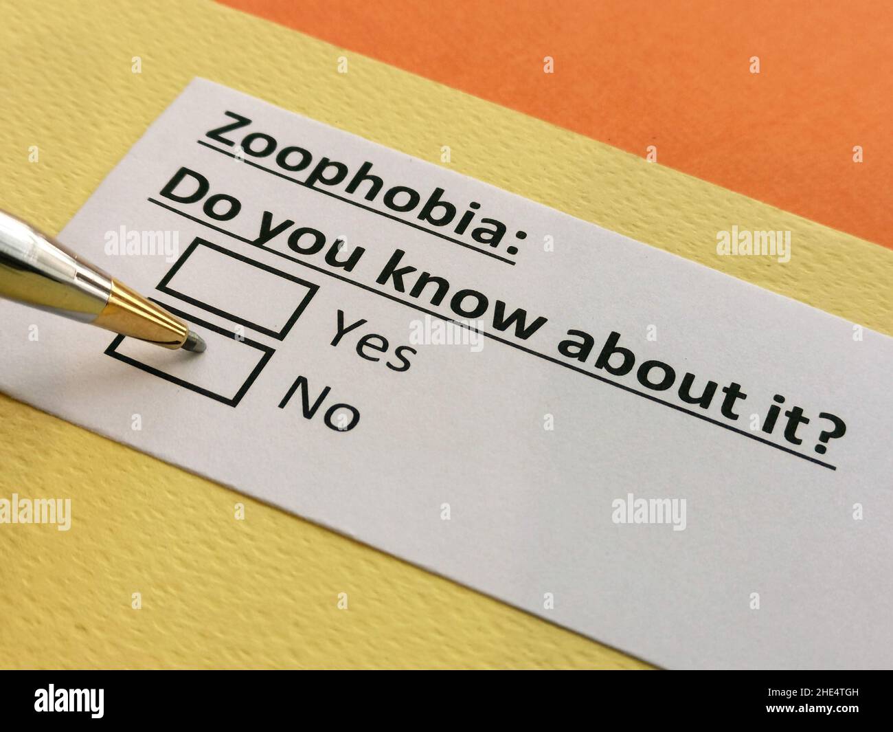 One person is answering question about zoophobia. It means  an abnormal and persistent fear of animals. Stock Photo