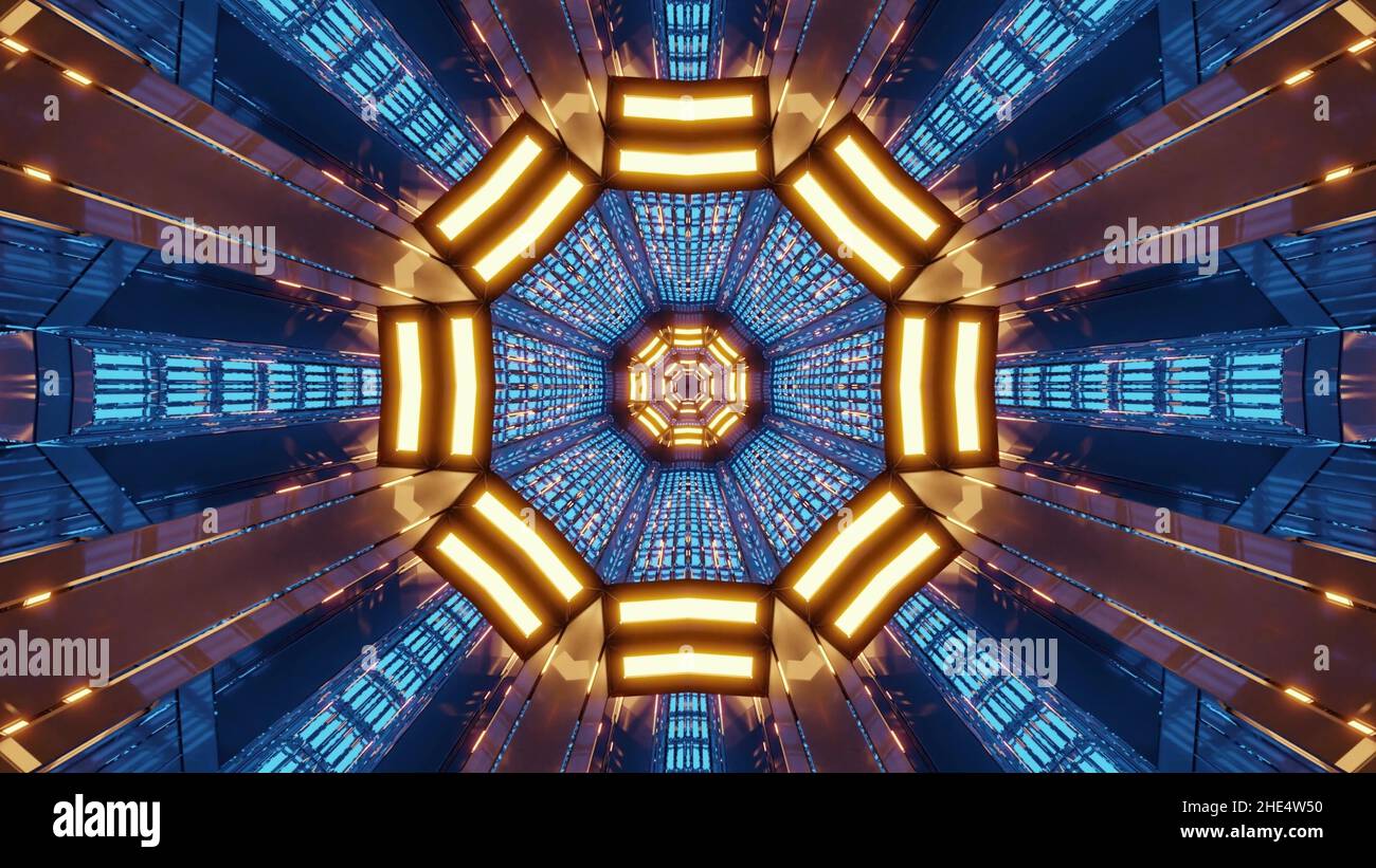 A 3D illustration of a blue flower shaped kaleidoscopic pattern with ...