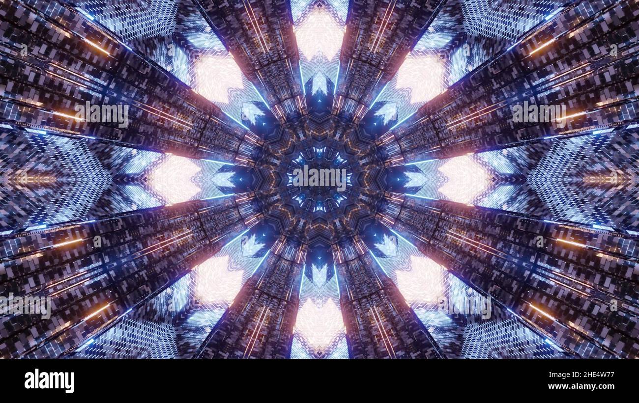A 3D illustration of an enlightened mosaic flower shaped kaleidoscopic ...