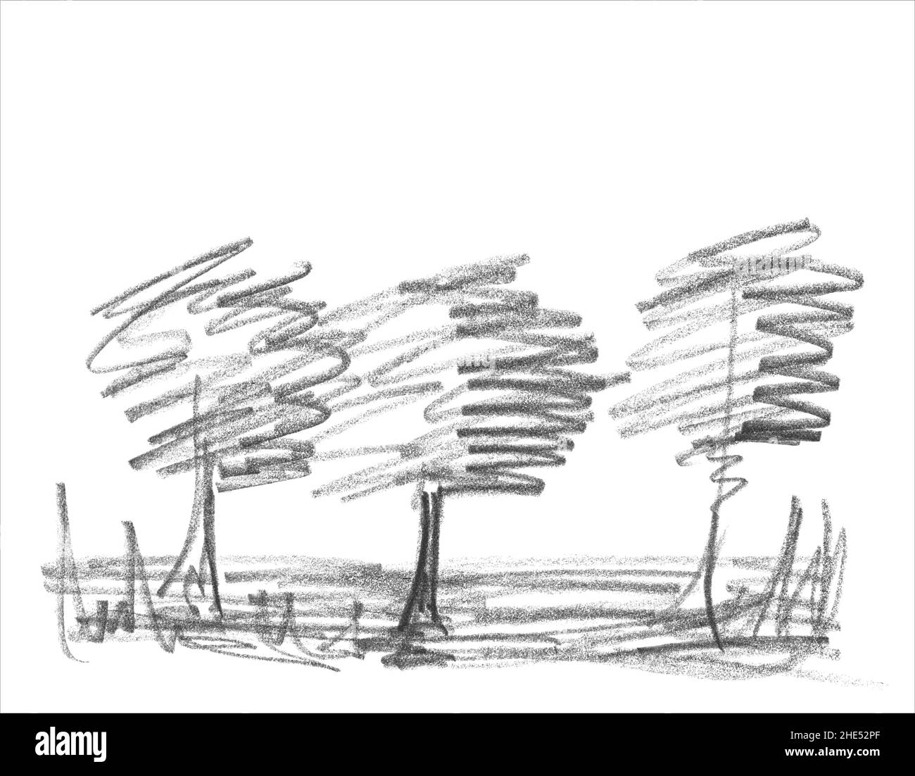 A simple pencil sketch of the trees. Fine freehand sloppy drawing in minimalistic style. Modern monochrome creative vector artistic background. Stock Vector