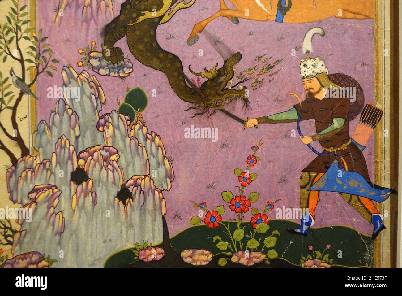 Rustam kills the dragon, folio from Shahnameh of Shah Ismail II, attrib. Sadegi (Beg), Iran, Tabriz, c. 1576 AD, view 2 - Stock Photo