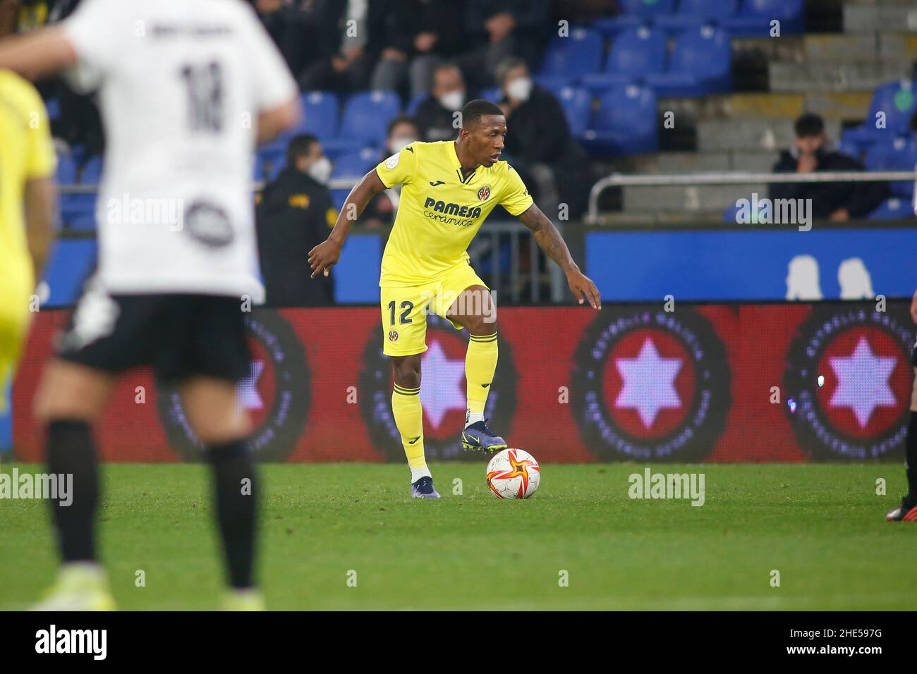 A Coruna-Spain.Pervis Estupiñán in action during the football match of Spanish King's Cup between Victoria CF and Villarreal in Riazor Stadium Stock Photo