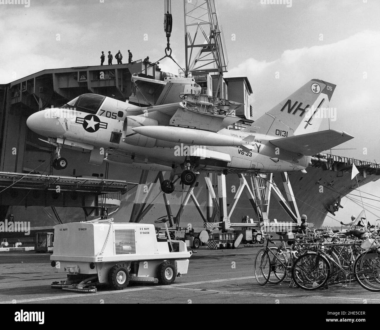 S-3A of VS-33 is hoisted on USS Kitty Hawk (CV-63) in 1977. Stock Photo
