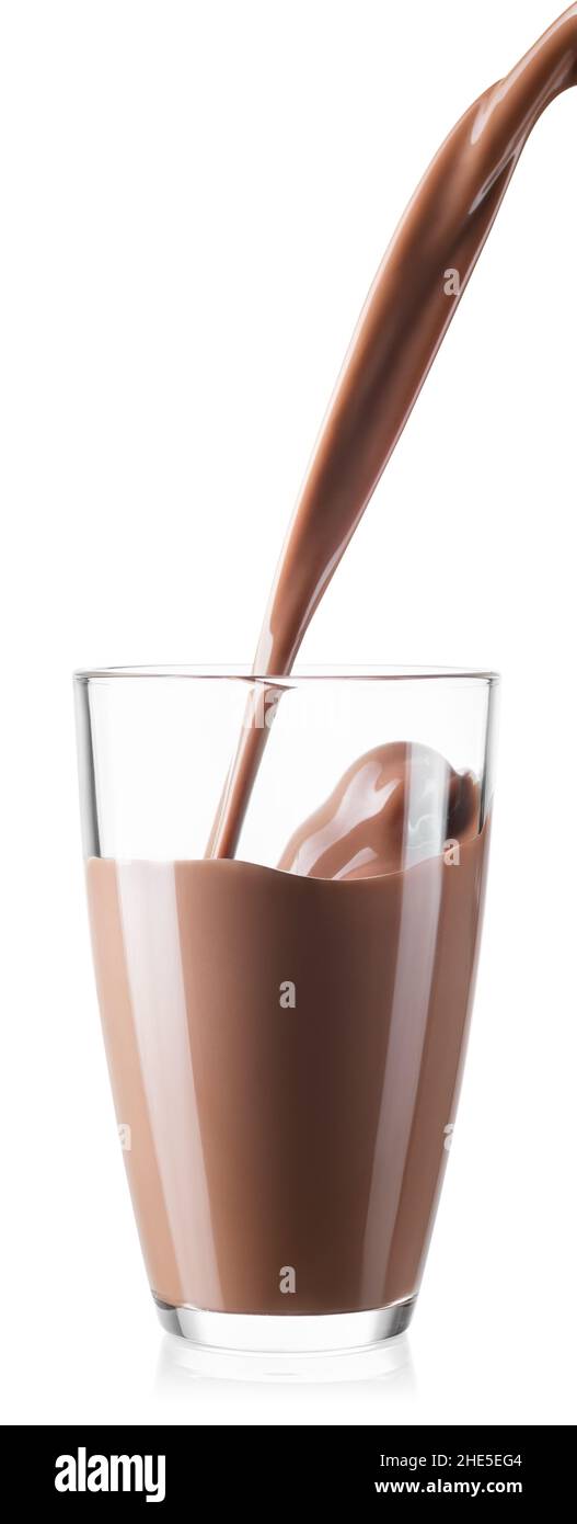 Chocolate Milk is poured into a glass cup on transparent