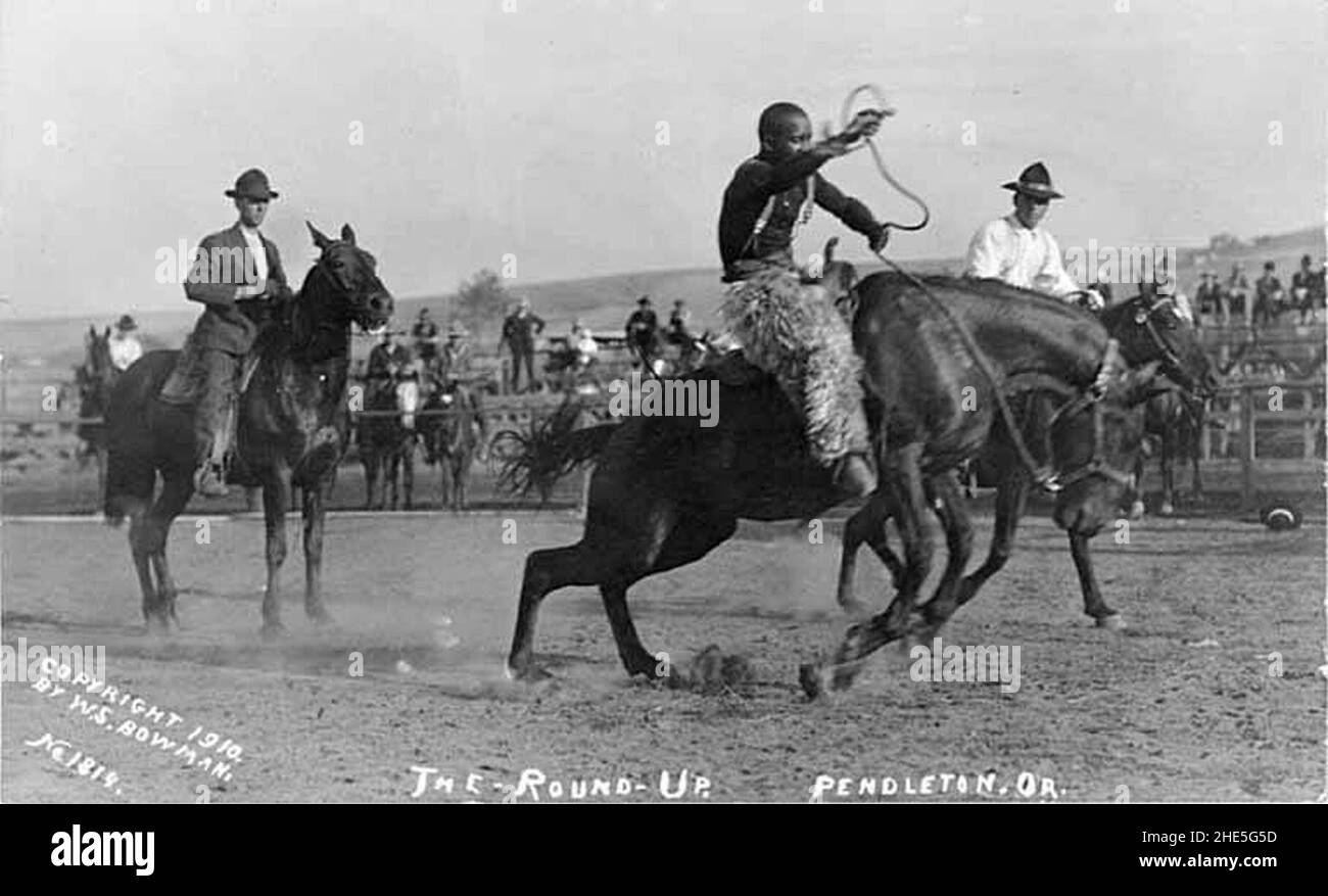 Pendleton Bronc Saddle bronc rider wearing angora chaps at the Round-Up in Pendleton ...