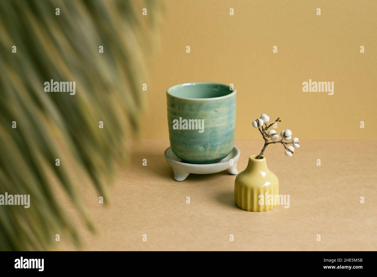 Ceramic tea cup with dry plant on brown table background Stock Photo