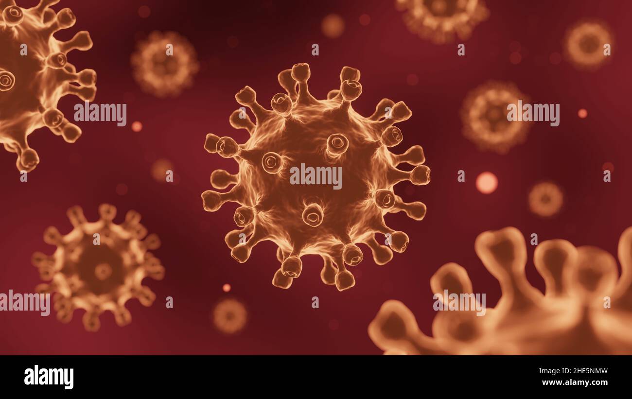 COVID-19 Corona virus with spike glycoprotein are floating on the air . Dark red color background . 3D rendering . Stock Photo