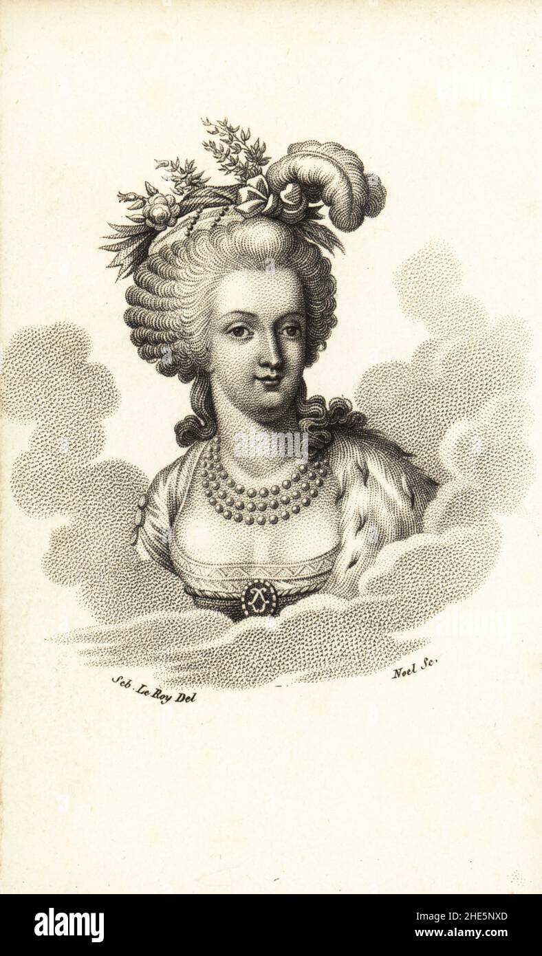 Bust portrait of Marie Antoinette with pearl necklace, ermine cape, high pouf hairstyle with ribbons, plumes and flowers in her hair. Stipple copperplate engraving by Noel after a portrait by Sebastien Leroy from Marie Antoinette, Archiduchesse d'Autriche, Reine de France, chez le Fuel, Paris,  1815. Stock Photo