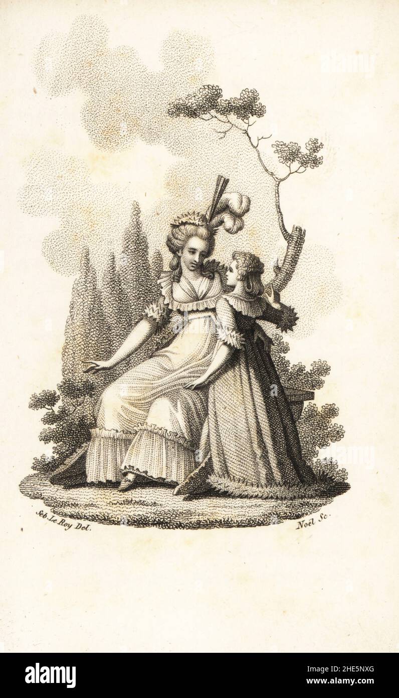 Marie Antoinette's farewell to her daughter, Marie-Therese Charlotte, on a walk in the Jardin de Tivoli, 20 June 1791. Stipple copperplate engraving by Noel after an illustration by Sebastien Leroy from Marie Antoinette, Archiduchesse d'Autriche, Reine de France, chez le Fuel, Paris,  1815. Stock Photo