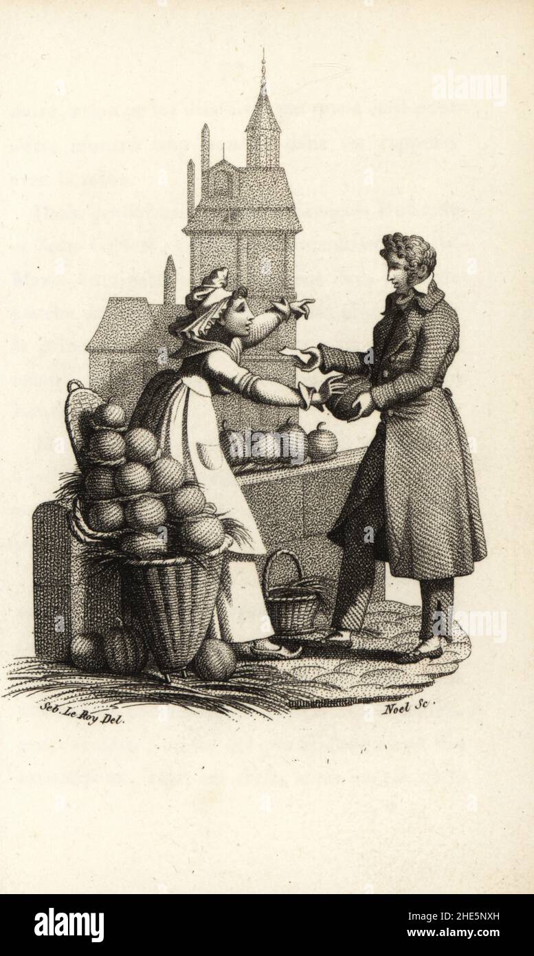 A fruit-seller giving a melon to Toussaint Richard, Marie Antoinette's warder, 1793. The woman refused payment when she learnt the customer was the imprisoned queen. Stipple copperplate engraving by Noel after an illustration by Sebastien Leroy from Marie Antoinette, Archiduchesse d'Autriche, Reine de France, chez le Fuel, Paris,  1815. Stock Photo