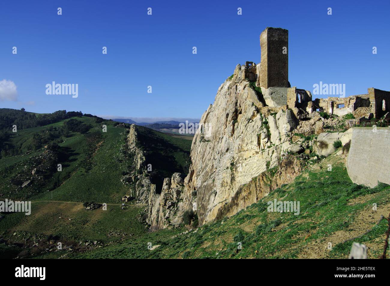 landscape history in Sicily the tower of Pietratagliata Castle on rock overlooks the valley of the Gresti Stock Photo