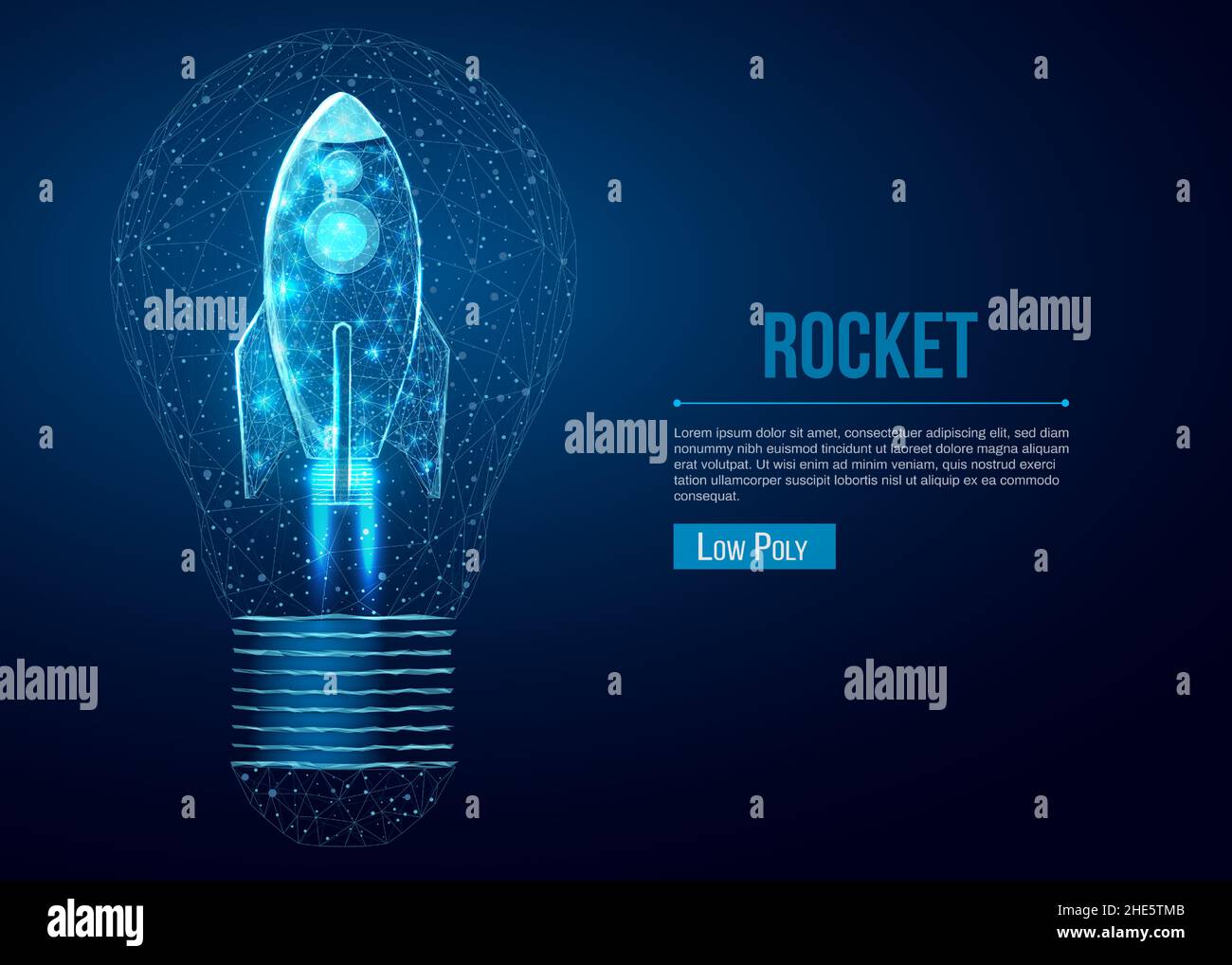 Rocket launch in lightbulb, wireframe polygonal style. Internet ...