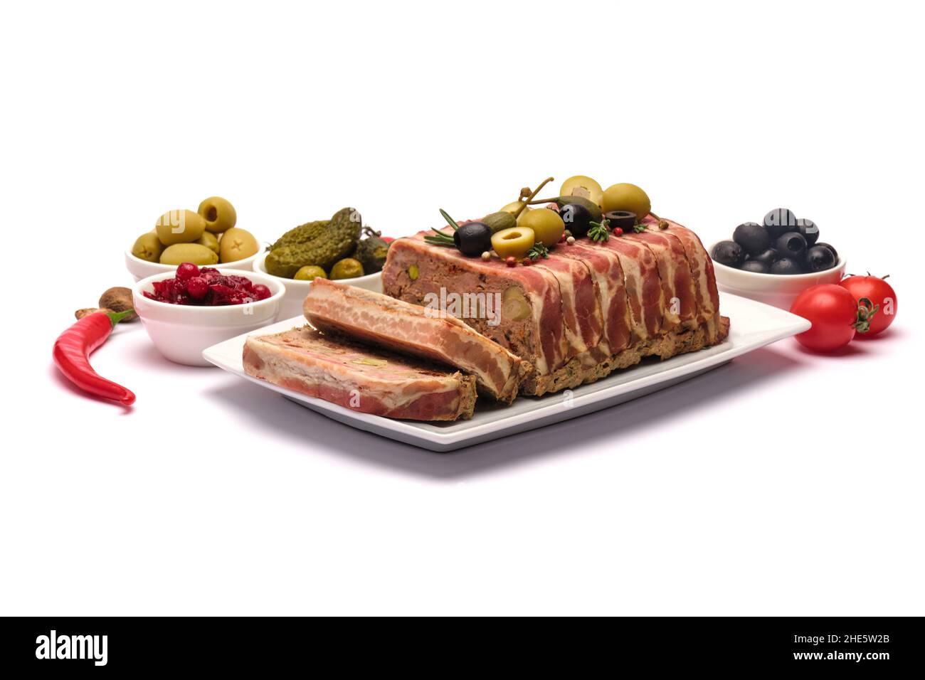 Traditional French terrine covered with bacon isolated on white background Stock Photo Alamy