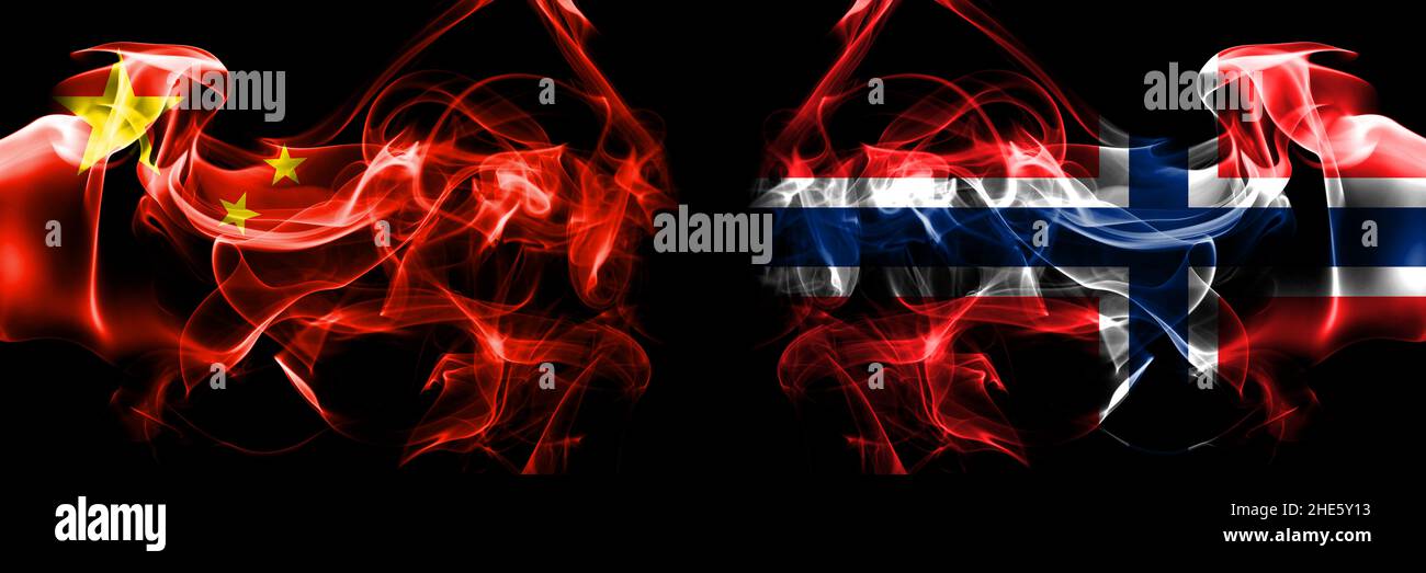 Flags of China, Chinese vs Norway, Norwegian. Smoke flag placed side by ...