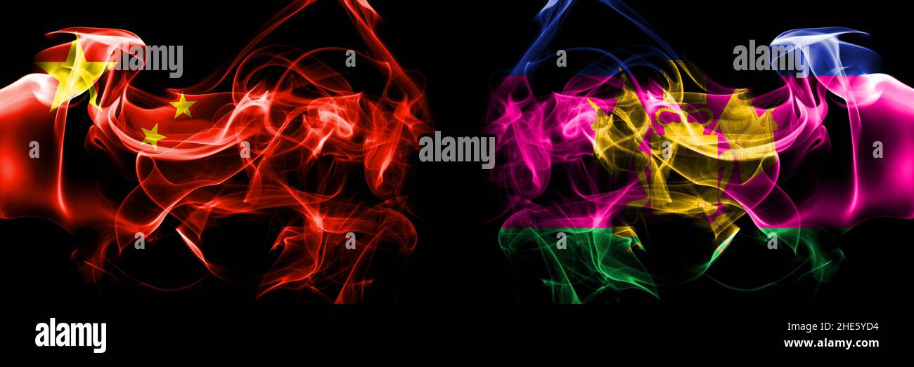Flags of China, Chinese vs Russia, Russian, Krasnodar Krai. Smoke flag placed side by side on black background. Stock Photo