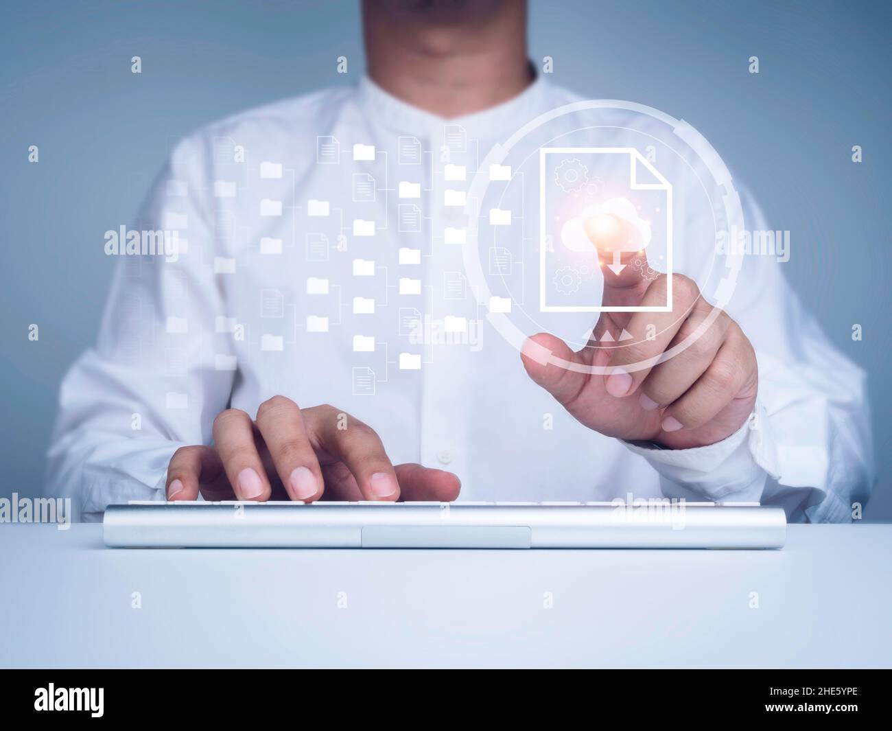 Document management. Cloud computing technology. Document file information and folder icons and man finger touching on cloud storage icon on virtual s Stock Photo