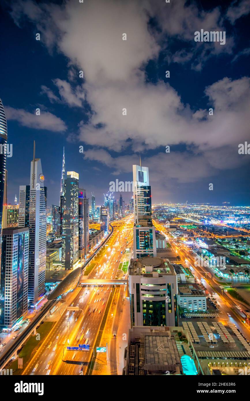 DUBAI, UAE - DECEMBER 11, 2016: Aerial view of modern skyscrapers in Downtown Dubai at night Stock Photo