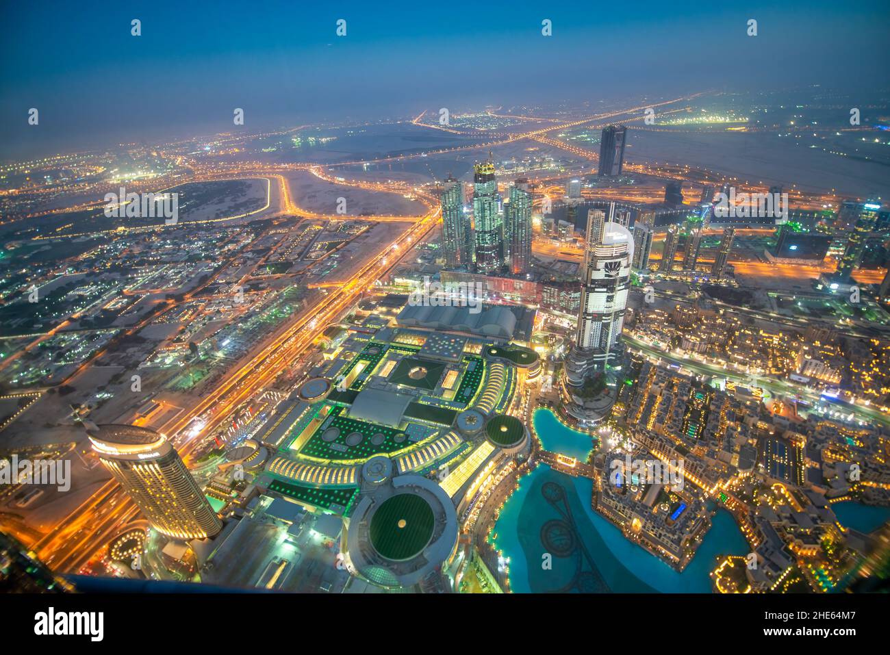 DUBAI, UAE - DECEMBER 4, 2016: Aerial view of Downtown Dubai at sunset Stock Photo