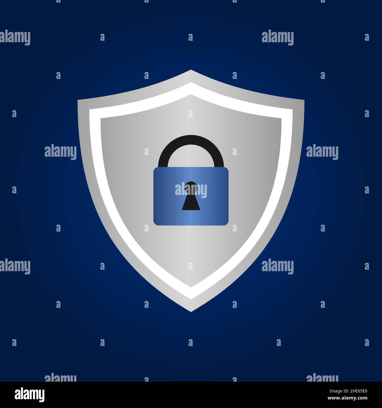 Silver shield with padlock on blue background. Safety, security concept. Shiny white metallic guardian armor. Power and strength symbol. Vector Stock Vector