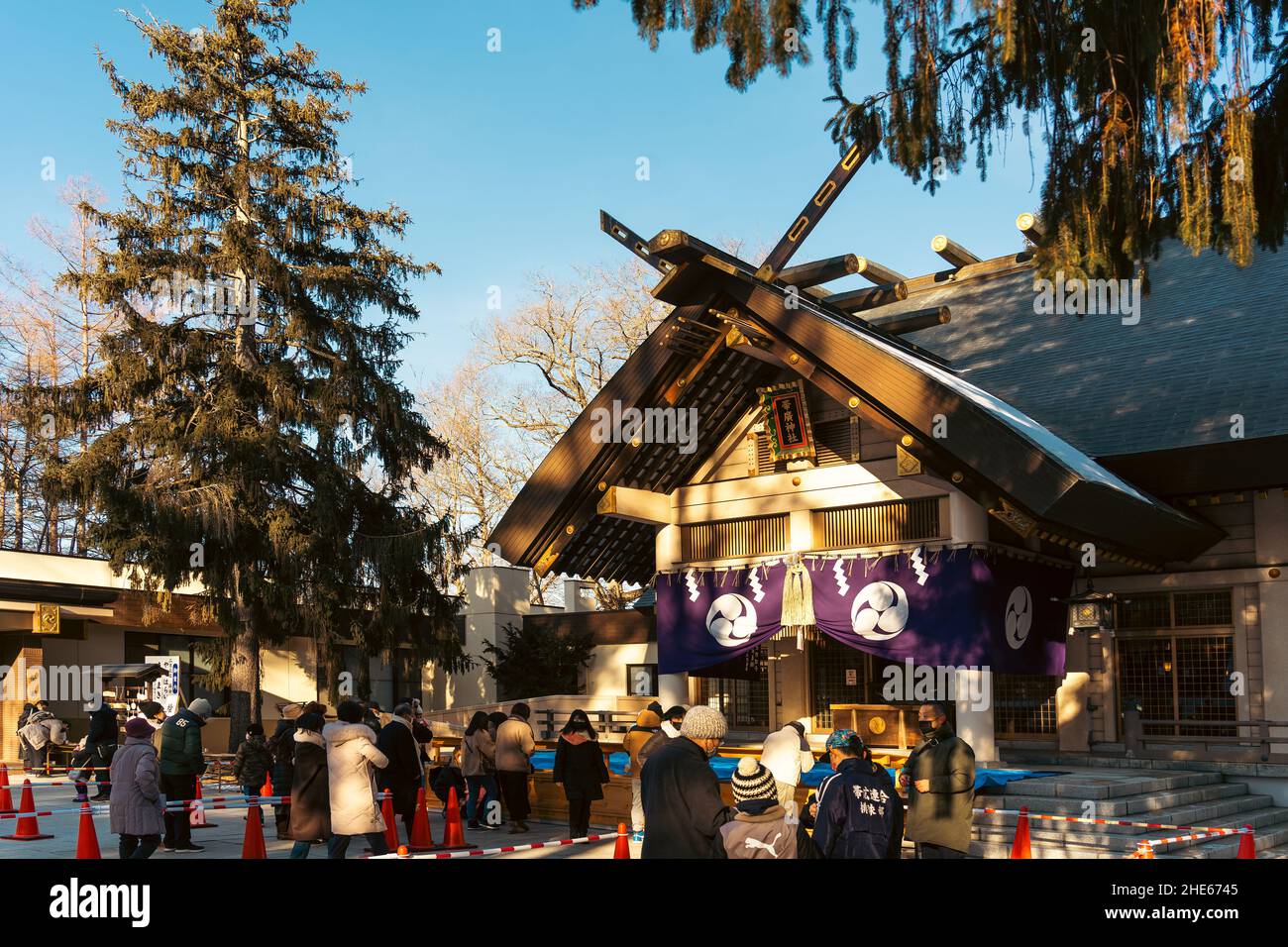 New Year Day celebration at the shinto shrine in Obihiro, Hokkaido, Japan. Stock Photo