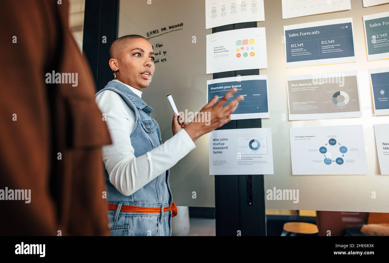 Female entrepreneur discussing some reports with her team. Smart businesswoman presenting her business strategy to her colleagues. Modern businesspeop Stock Photo