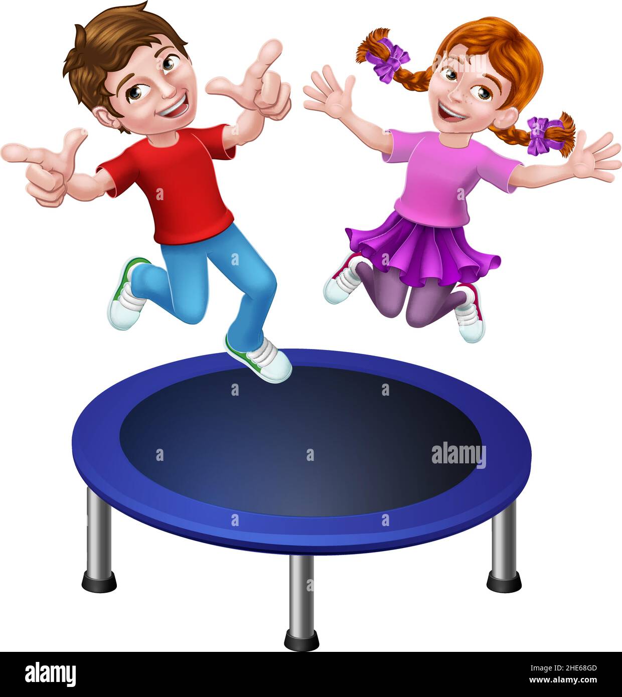 Kids Jumping On A Round Cartoon Trampoline Stock Vector