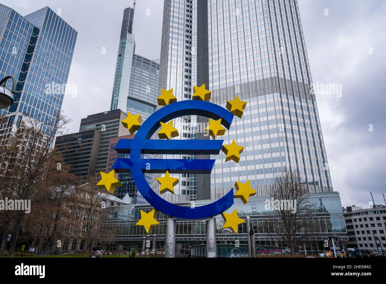Closeup shot of Euro sign in front of the European Central Bank in Frankfurt Germany Stock Photo