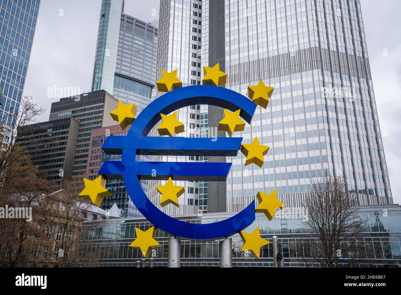 Closeup shot of Euro sign in front of the European Central Bank in Frankfurt Germany Stock Photo