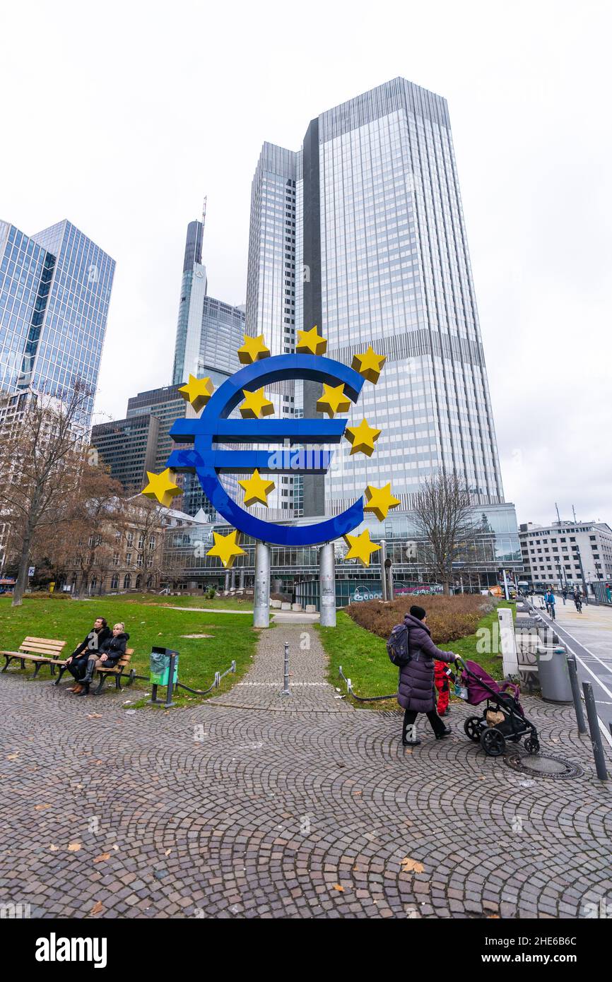 Vertical shot of Euro sign in front of the European Central Bank in Frankfurt Germany Stock Photo
