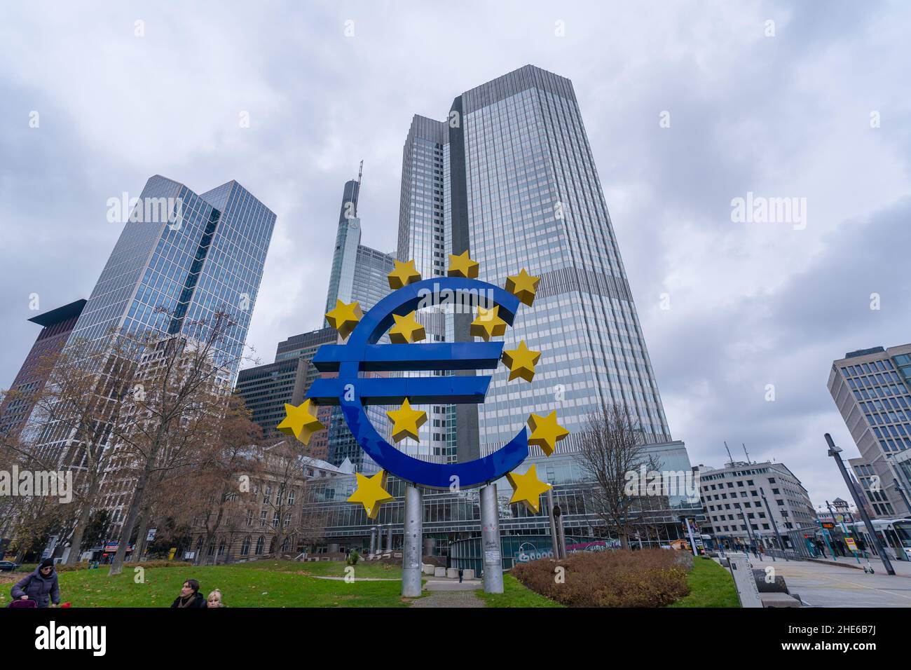 A closeup shot of Euro sign in front of the European Central Bank in Frankfurt Germany Stock Photo