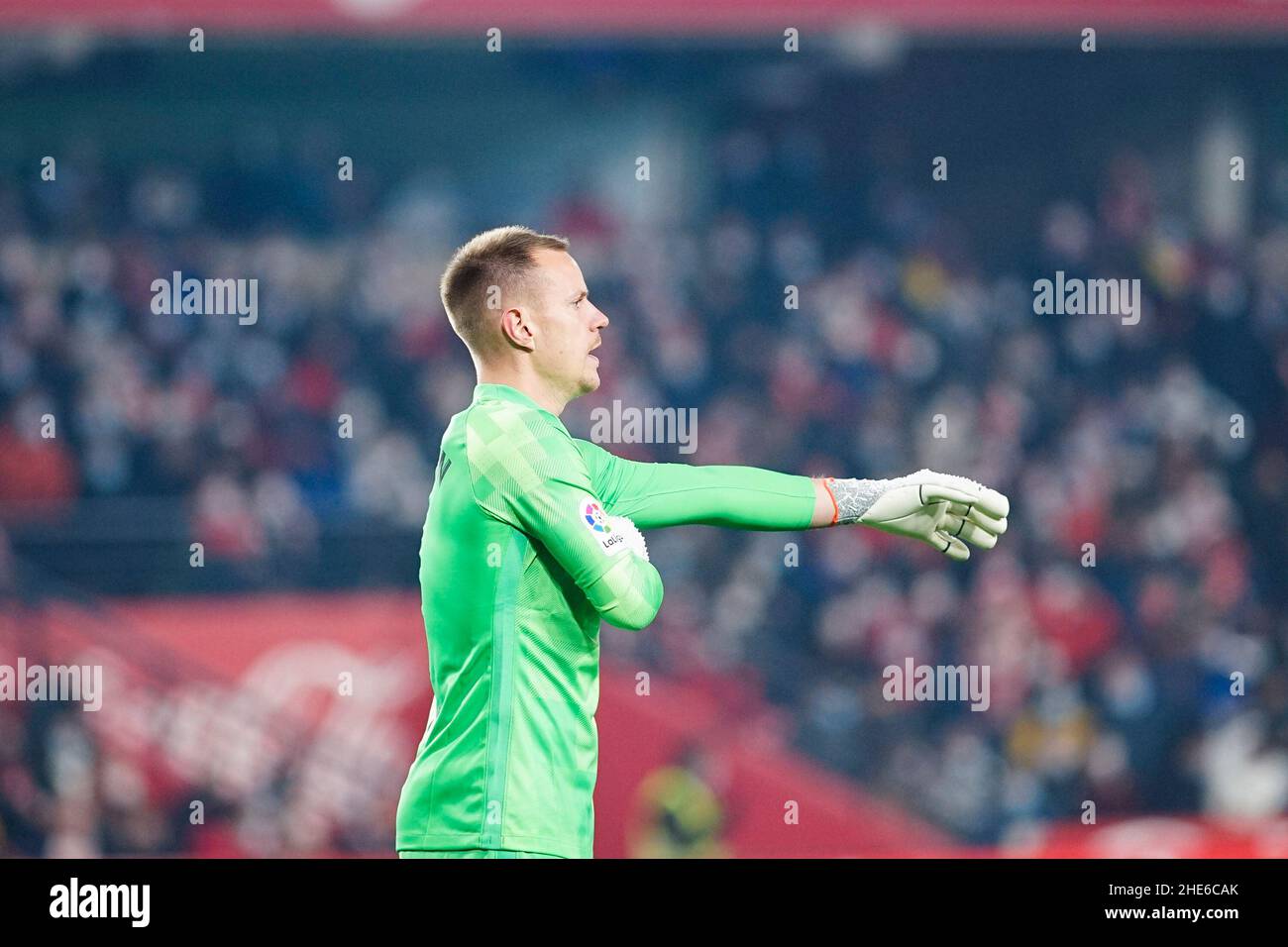 Marc Andre Ter Stegen in action during the La Liga Santander match between Granada CF and FC Barcelona at Nuevo Los Carmenes Stadium.(Final Score Granada CF 1:1 FC Barcelona). Stock Photo