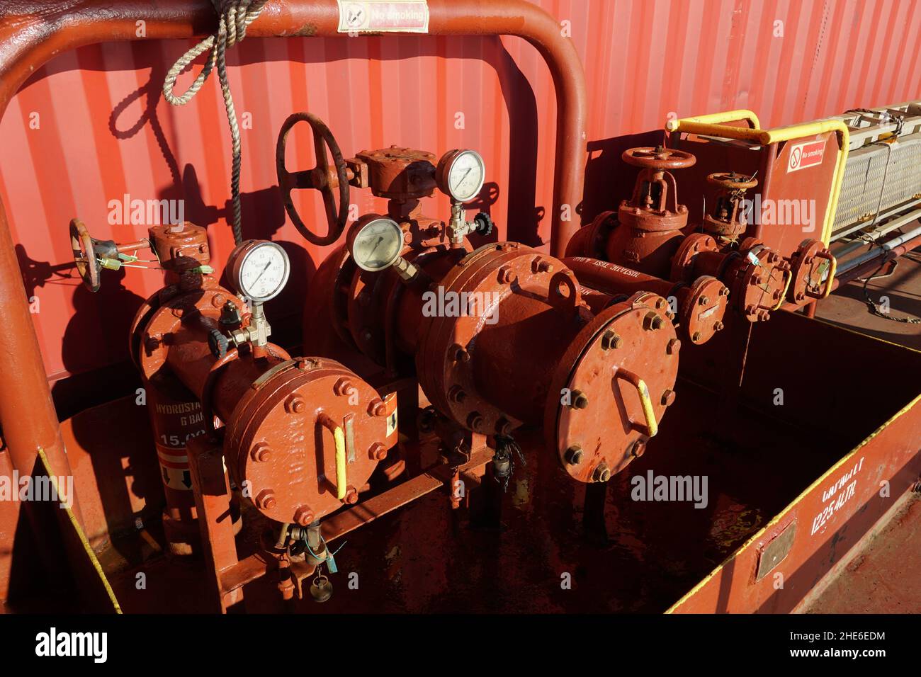 Bunker station with pipes and manifolds blinded with flanges ready to