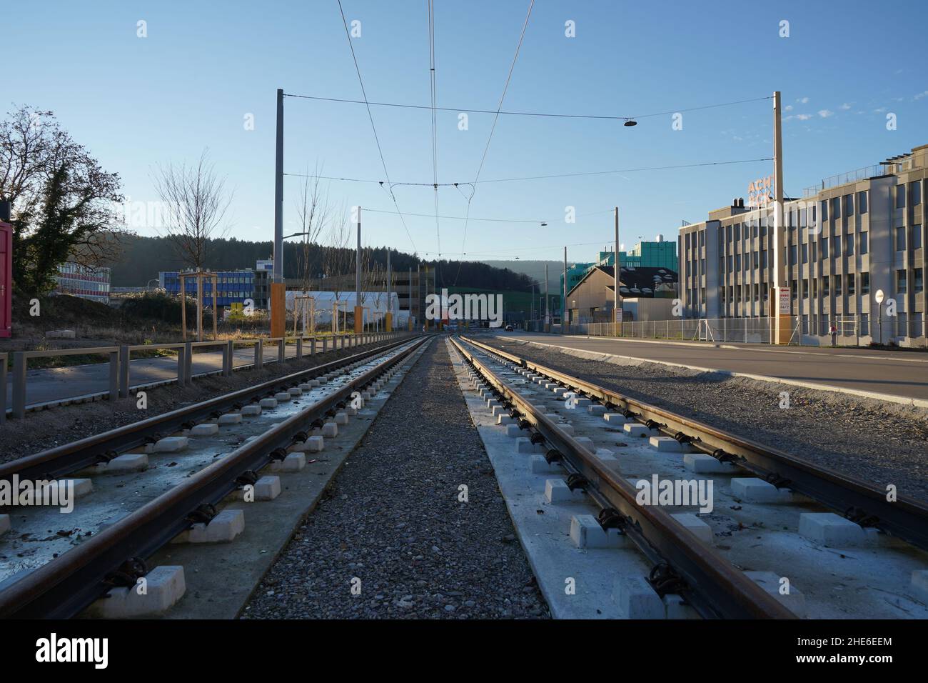 Civil engineering of street car line with rails on the ground. Stock Photo