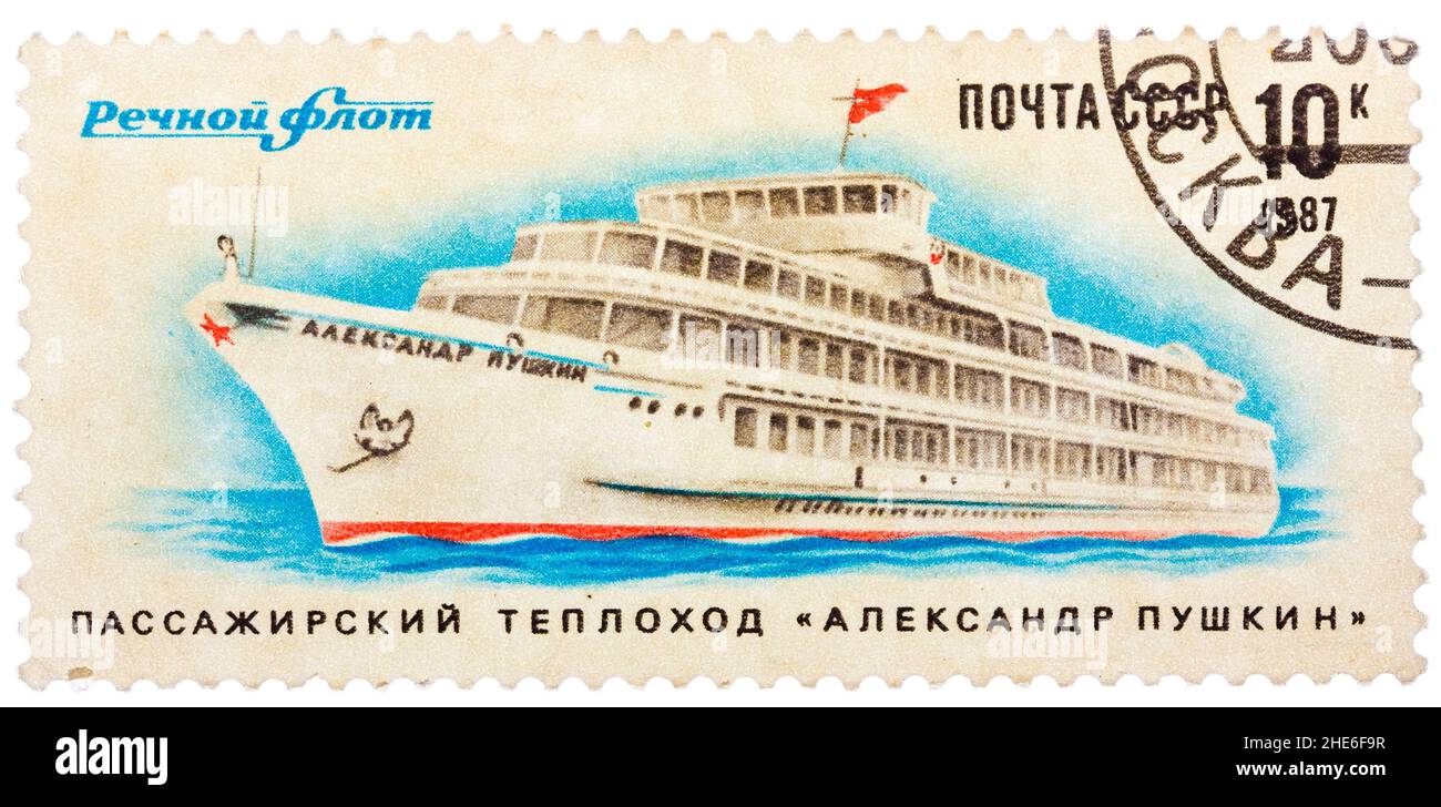 Stamp printed in USSR shows the Passenger ship 'Alexander Pushkin' Stock Photo