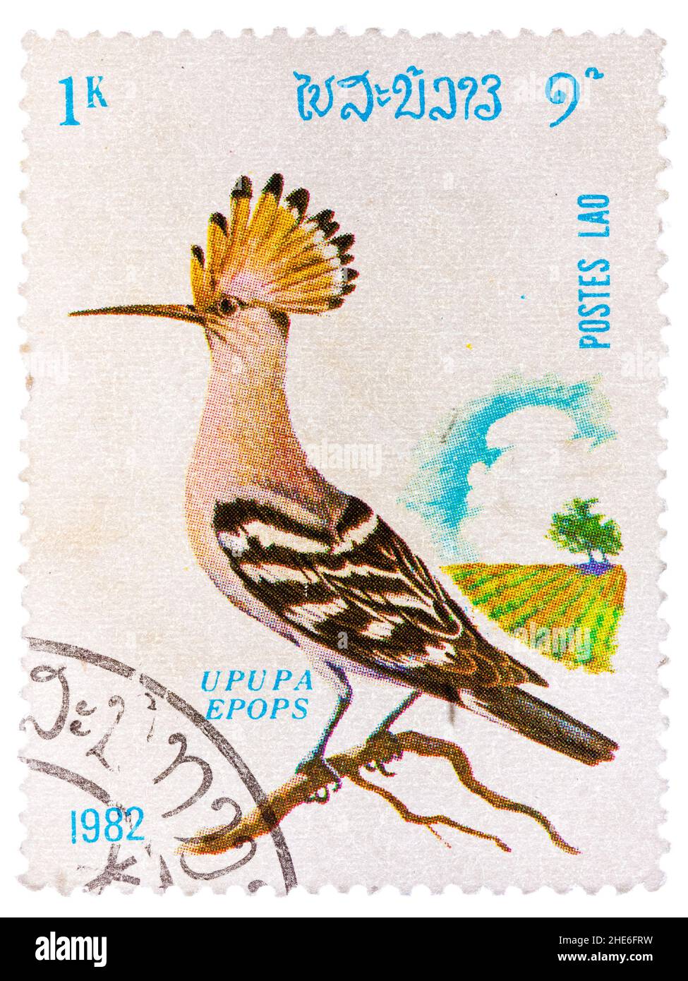 Stamp printed in LAOS shows Hoopoe (Upupa epops), from series Birds Stock Photo