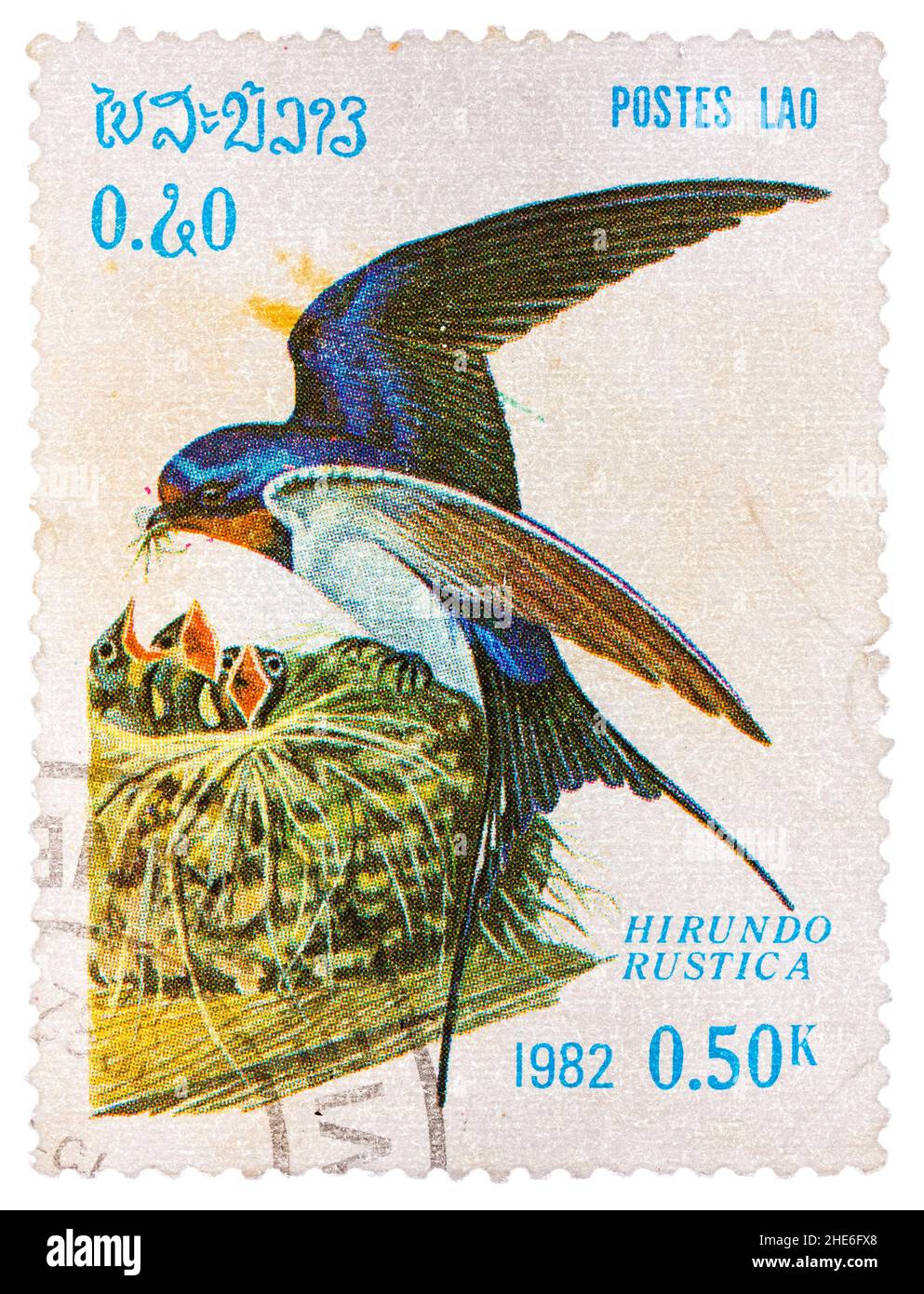 Stamp printed in LAOS shows Barn Swallow (Hirundo Rustica), from series Birds Stock Photo