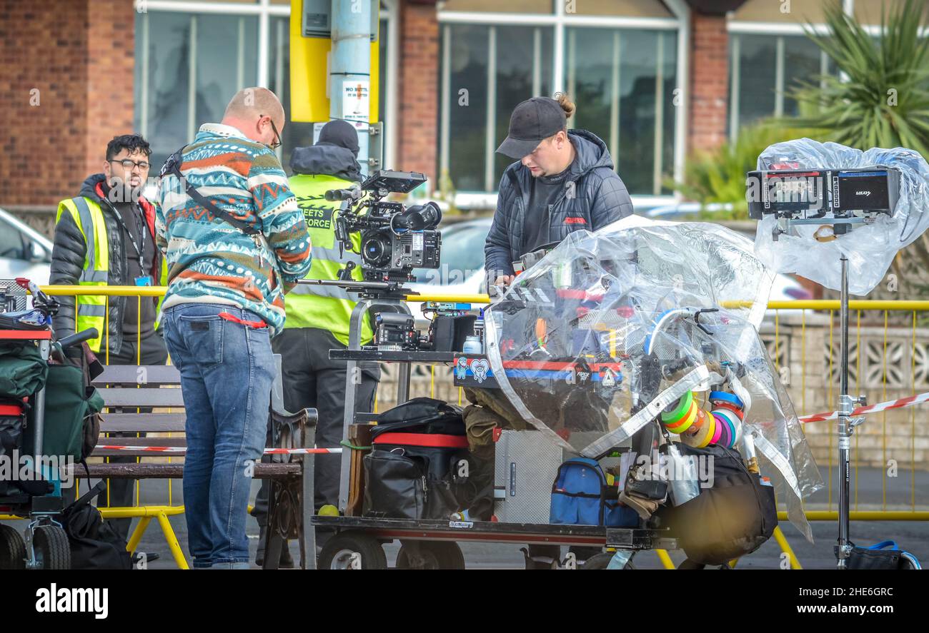 Film crew and cast at St Annes filming for Sky TV Stock Photo