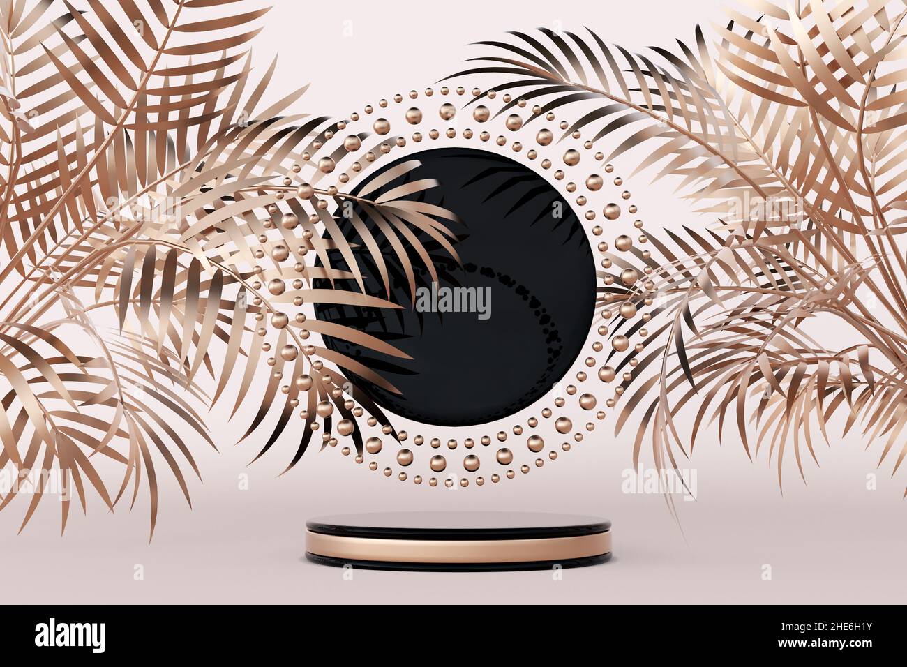 Golden 3D podium pedestal. Abstract palm trees leaves. Geometric studio ...