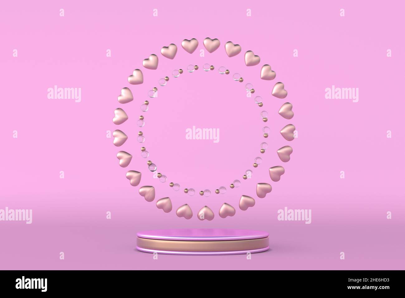 3D St Valentine day pink round podium, pedestal with flying hearts ...