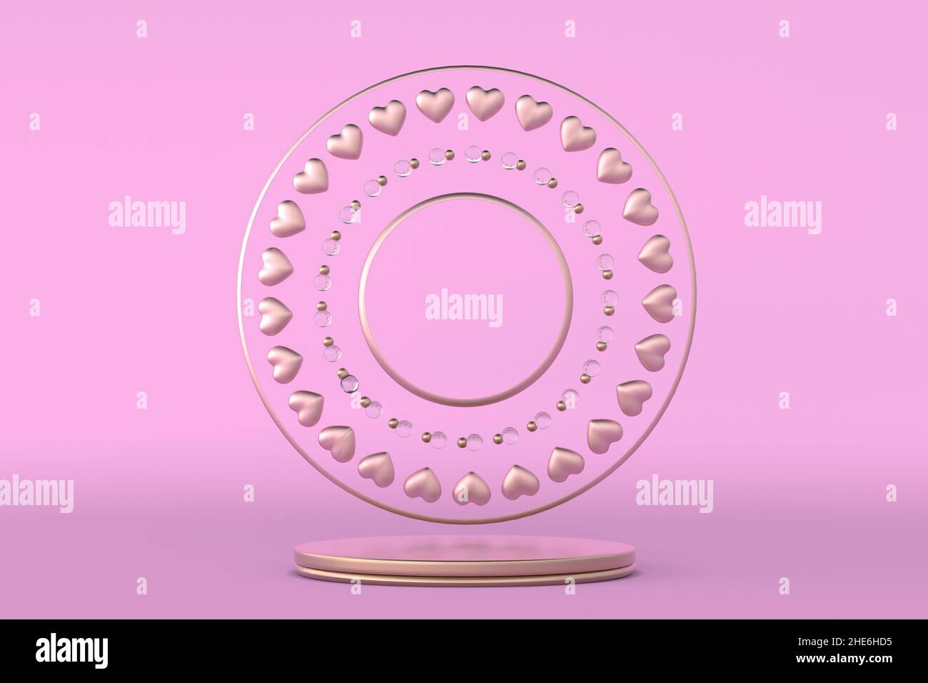 3D St Valentine day pink round podium, pedestal with flying hearts ...