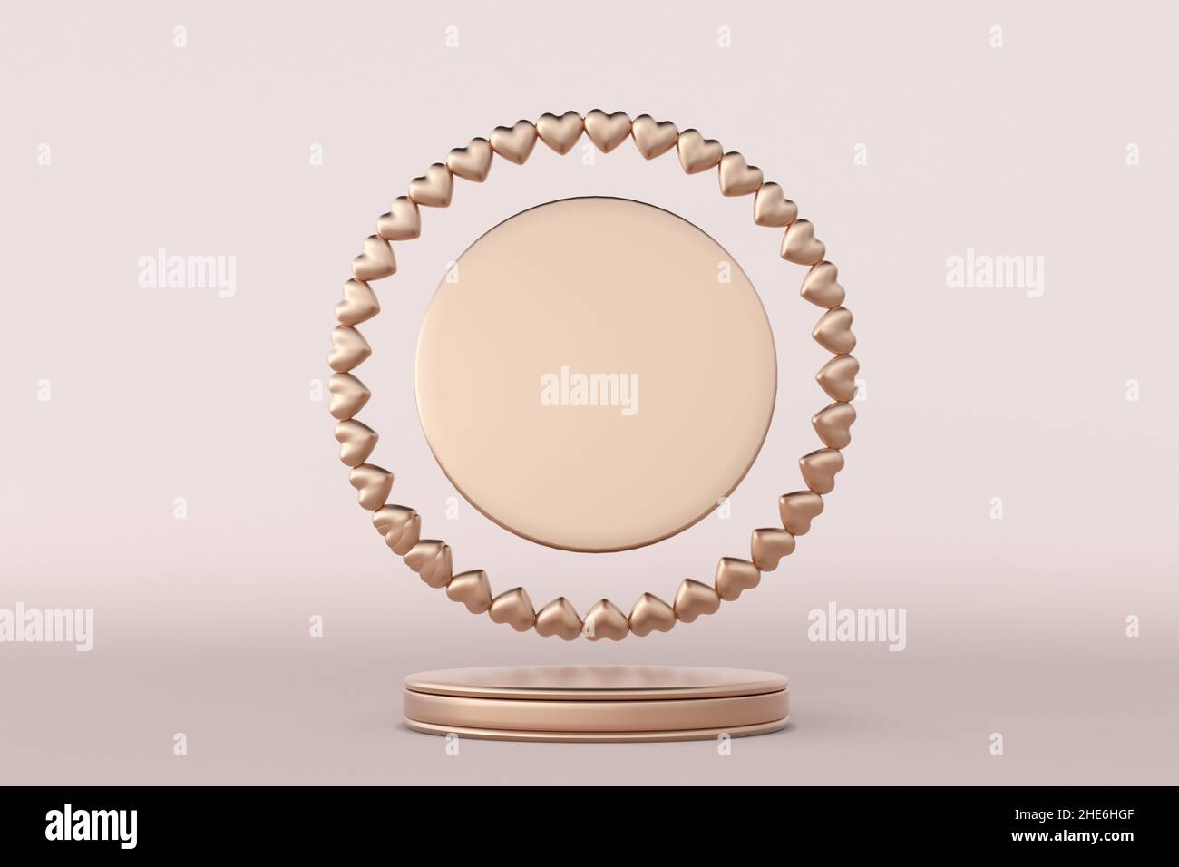 3D St Valentine day golden round podium, pedestal with heart arch ...