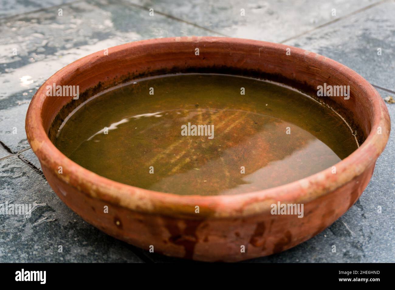 A close up shot of a wide mouth circular clay pot holding water Stock