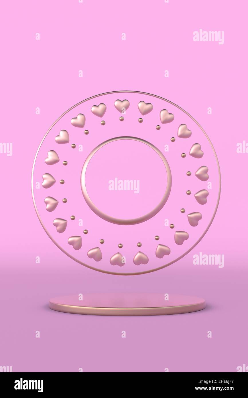 3D St Valentine day pink round podium, pedestal with flying hearts ...