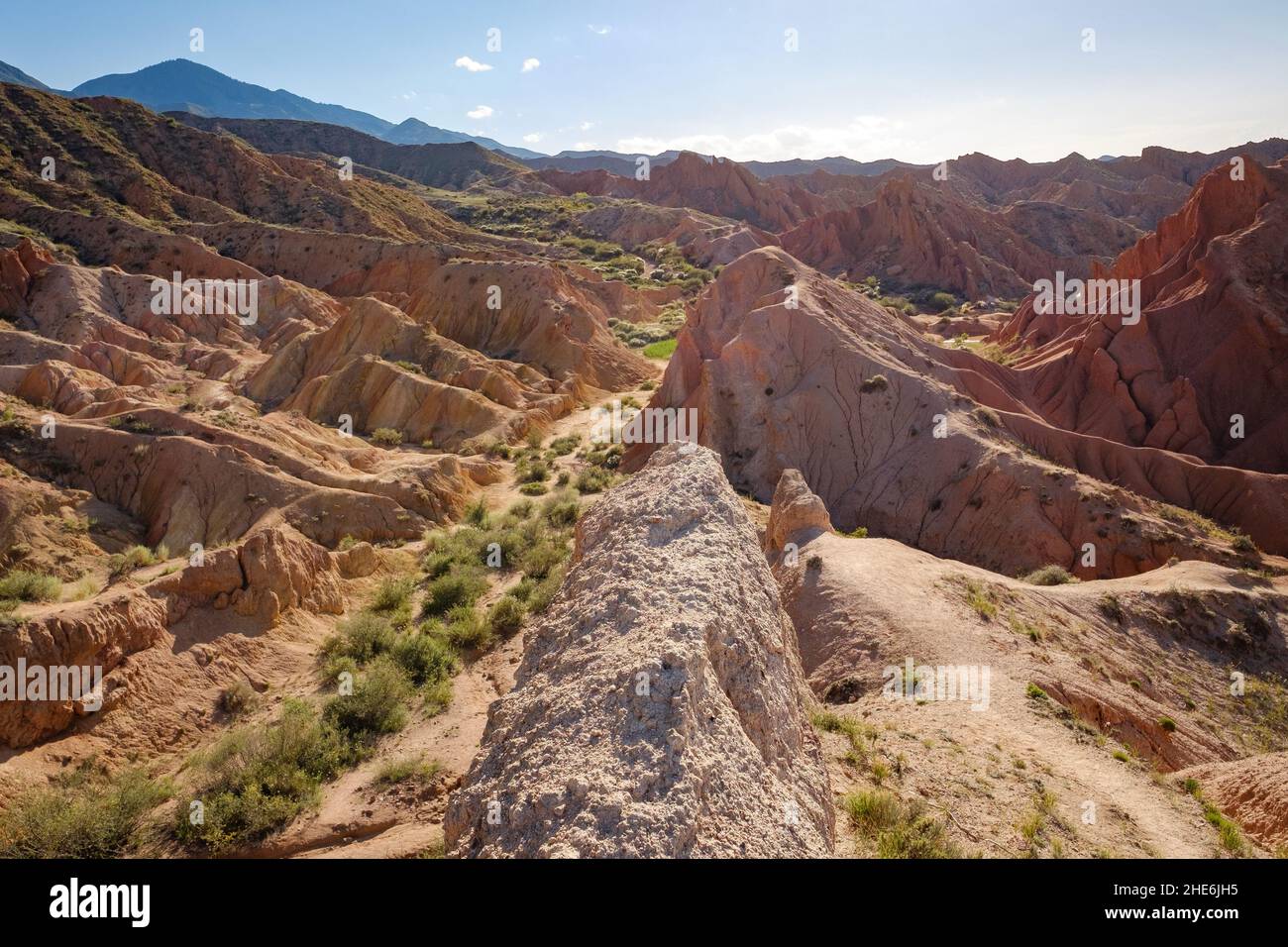 View from natural cliff in the Skazka fairytale canyon close to lake Issyk-Kul, Tosor, Kyrgyzstan Stock Photo